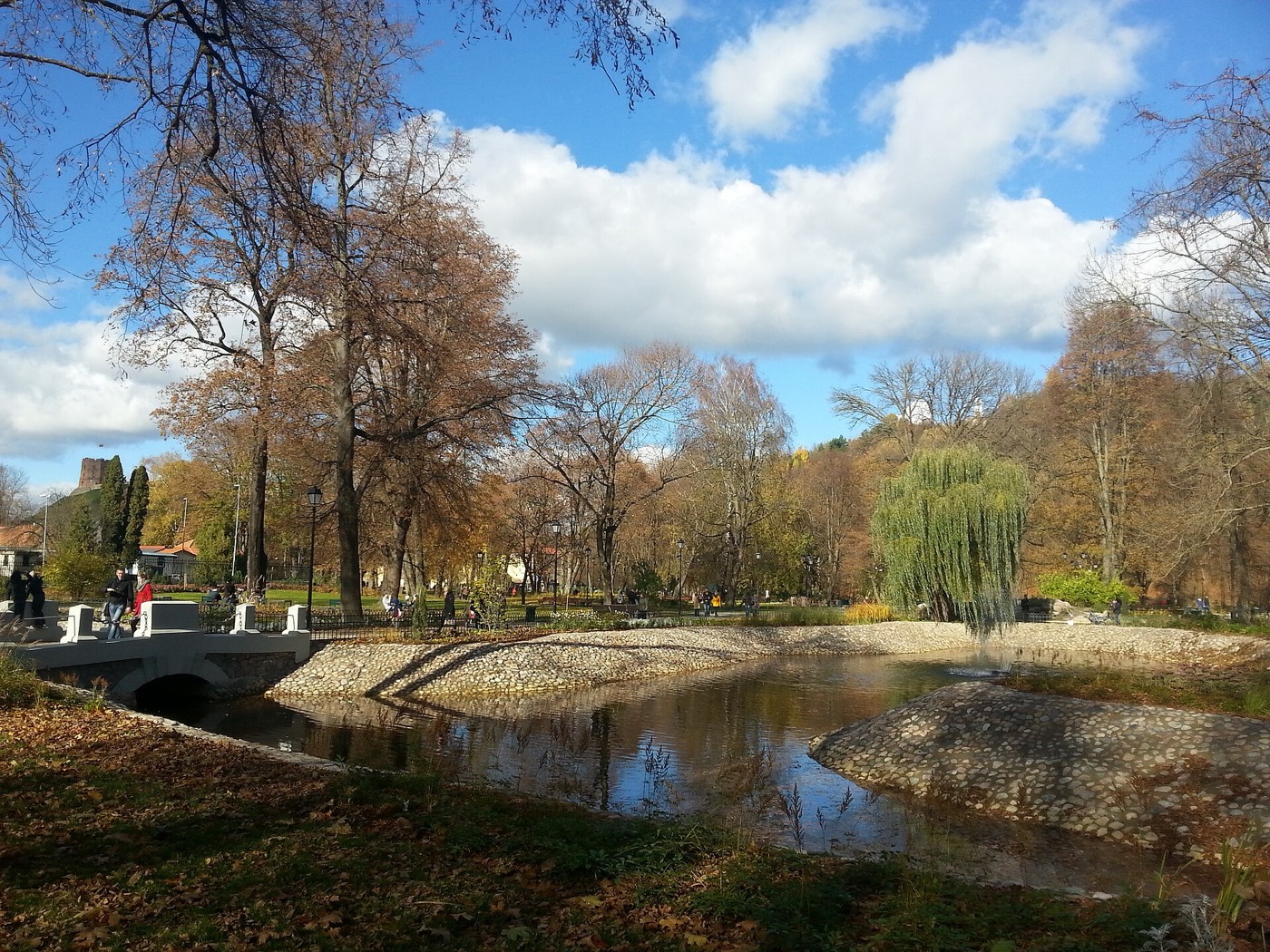 The Bernardine Garden in Vilnius with its pond and Gediminas Tower in the distance